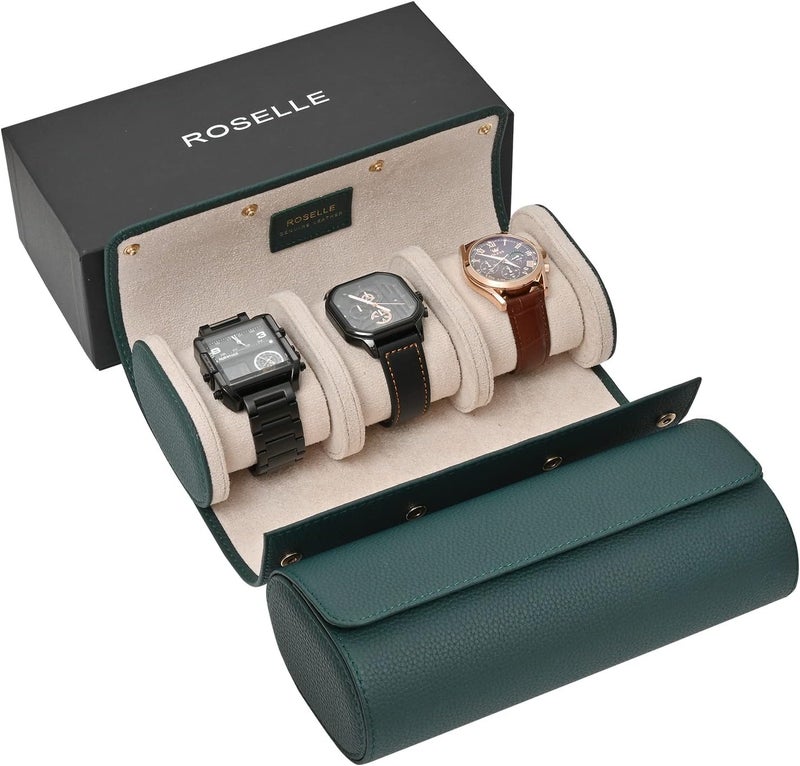 ROSELLE Genuine Leather Watch Roll Travel Case - Watch Roll Case For 3 Watches With Luxury Lining - Protect, Travel,Store, & Display Fine Watches (3 slot Green-Genuine Leather) - Image 1